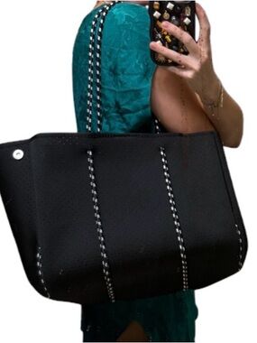 New Black Neoprene flat bottom carry all Tote Bag waterproof  & zippered pouch